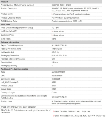 ET 200S 24-48V DC 24-230V AC PM-E Power Modules with Diagnostics and Fuse 6ES7138-4CB11-0AB0