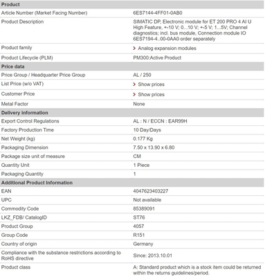 100% Original 6ES7144-4FF01-0AB0 ET 200 PRO 4 AI U High Feature Channel diagnostics