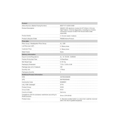 High Feature Channel Diagnostics for 6ES7147-4JD00-0AB0 Bus Module 4 IO-Link Interface