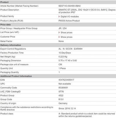 6ES7143-5AH00-0BA0 DIQ 16x24 V DC/0.5 A IP67 Siemens ET 200AL Connection Module with 1