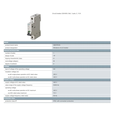 Siemens 5SN6110-7CN 230/400V 6kA 1-pole C 10 A Circuit Breaker Net Weight kg 0.261 Kg