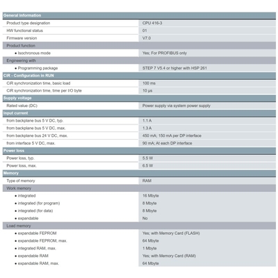 6ES7416-3XS07-0AB0 SIMATIC S7-400 CPU 416-3 With 16 MB Work Memory and 3 Interfaces